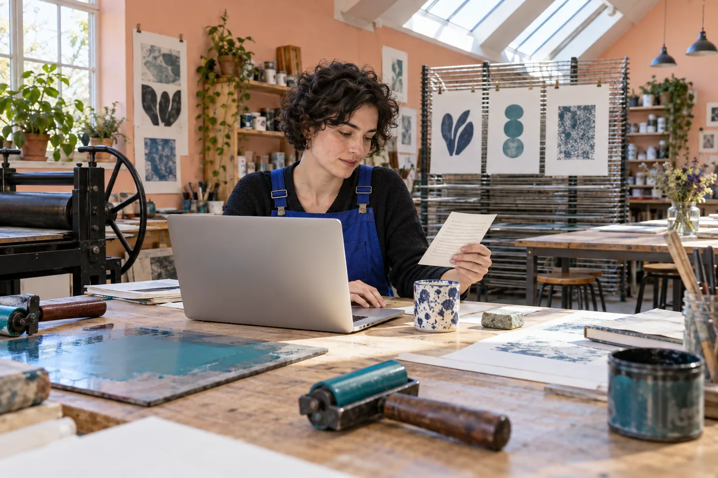 European woman using an unbranded laptop and paper reference in a bright peach and turquoise printmaking studio