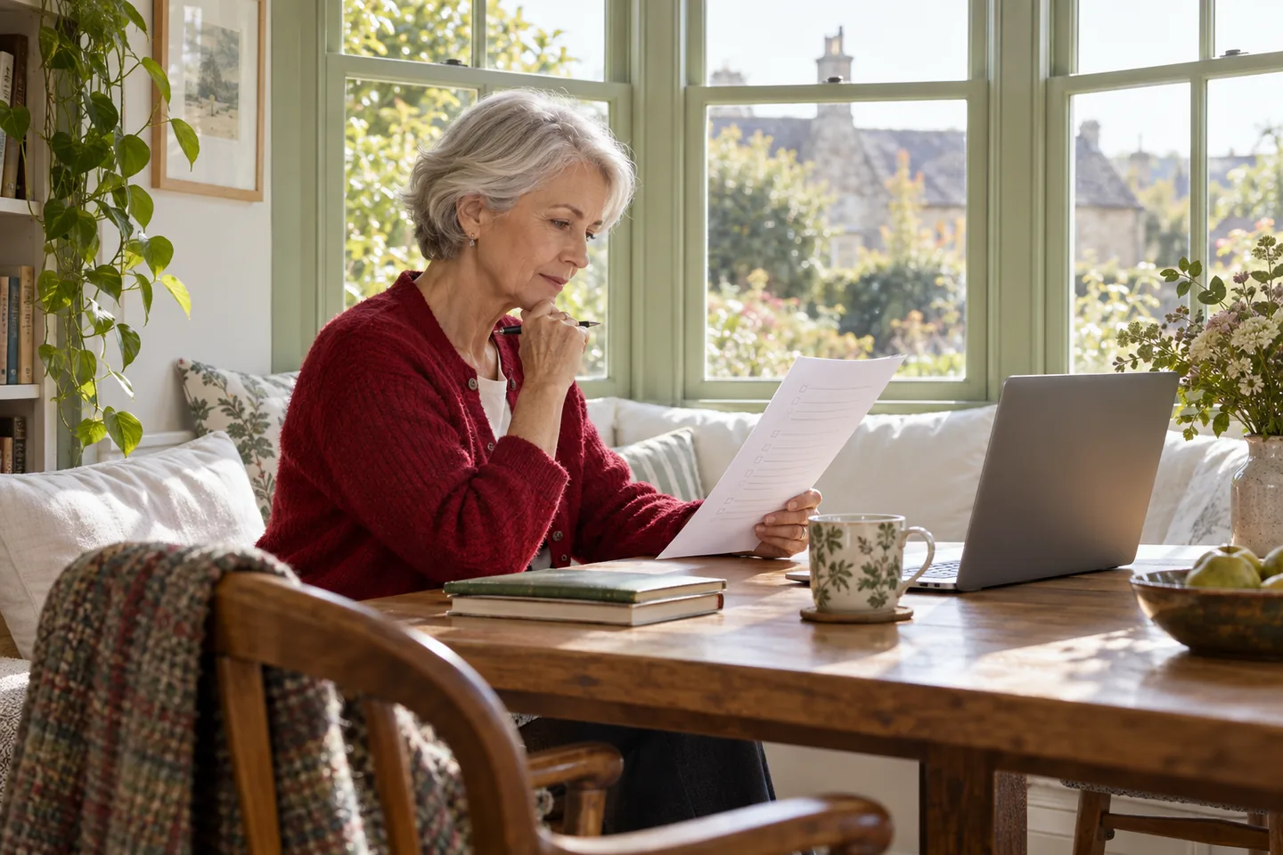 Older European woman proofreading a paper checklist beside a laptop in a bay-window nook
