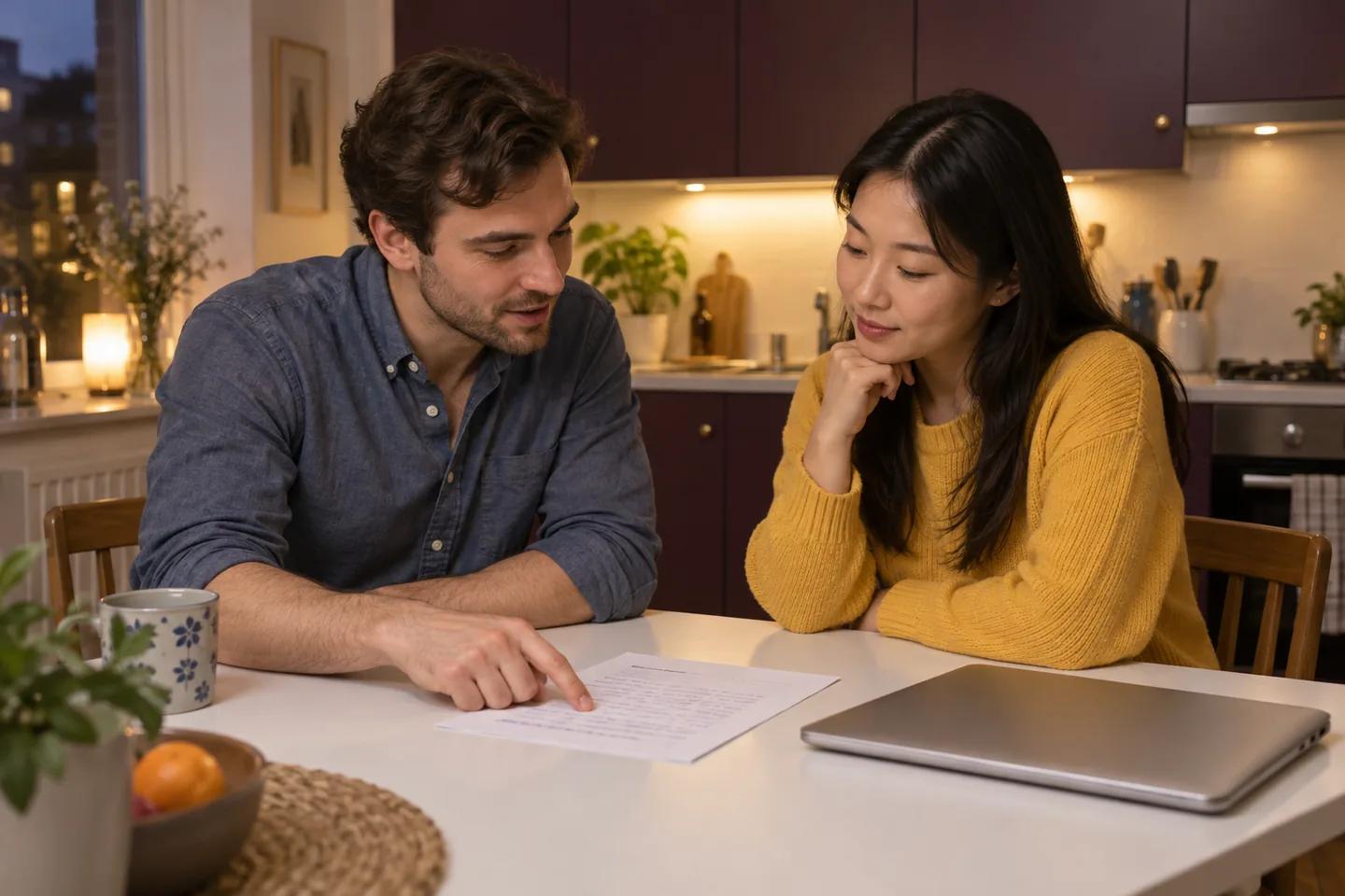 European man and East Asian woman reading back a paper reference beside a closed laptop in a kitchen