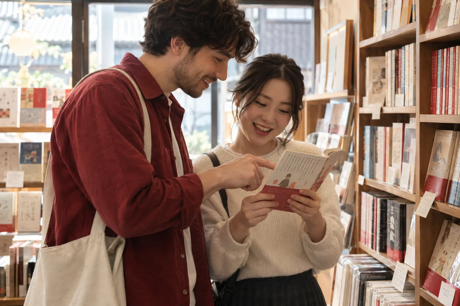 Two adults in a small bookstore inspect a Japanese book jacket and discuss a familiar-looking word