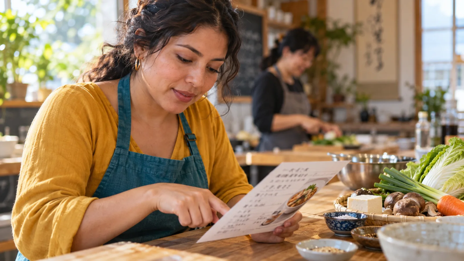 Adult learner at a lively cooking workshop traces a Japanese recipe while looking at the ingredients