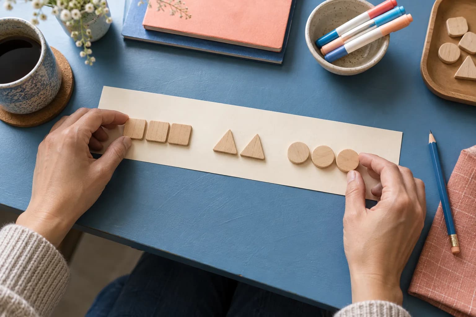 Hands arrange different wooden shapes into one continuous line to model the parts of a mixed Japanese sentence