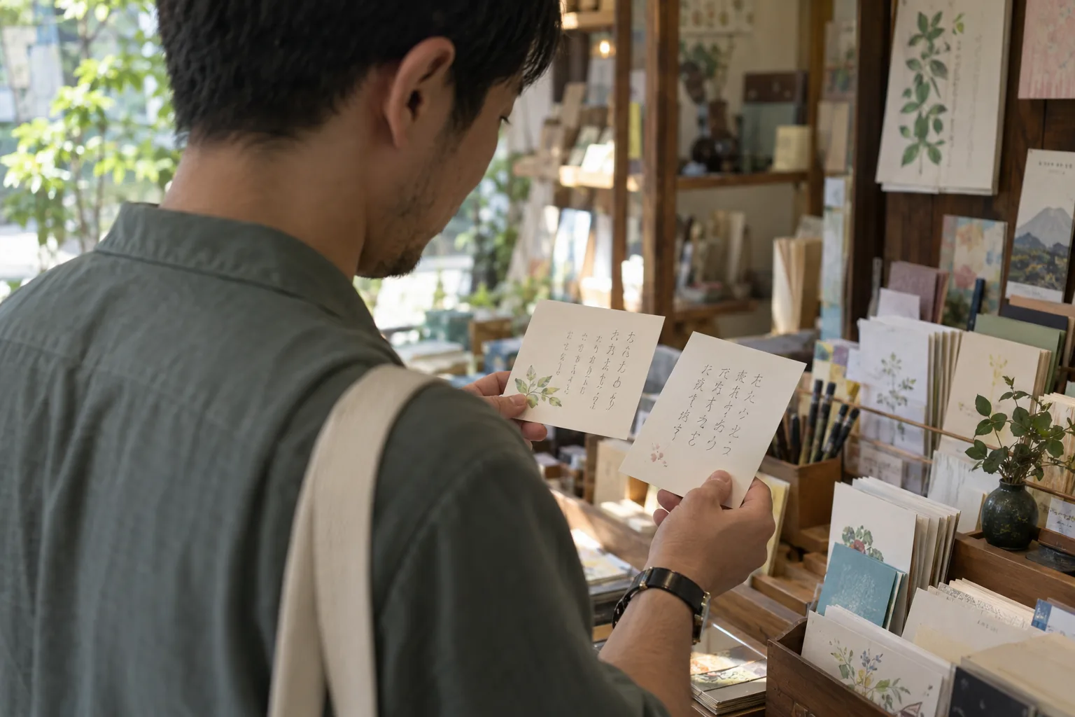 Adult learner compares two cards with rounded and angular practice marks in a small stationery shop