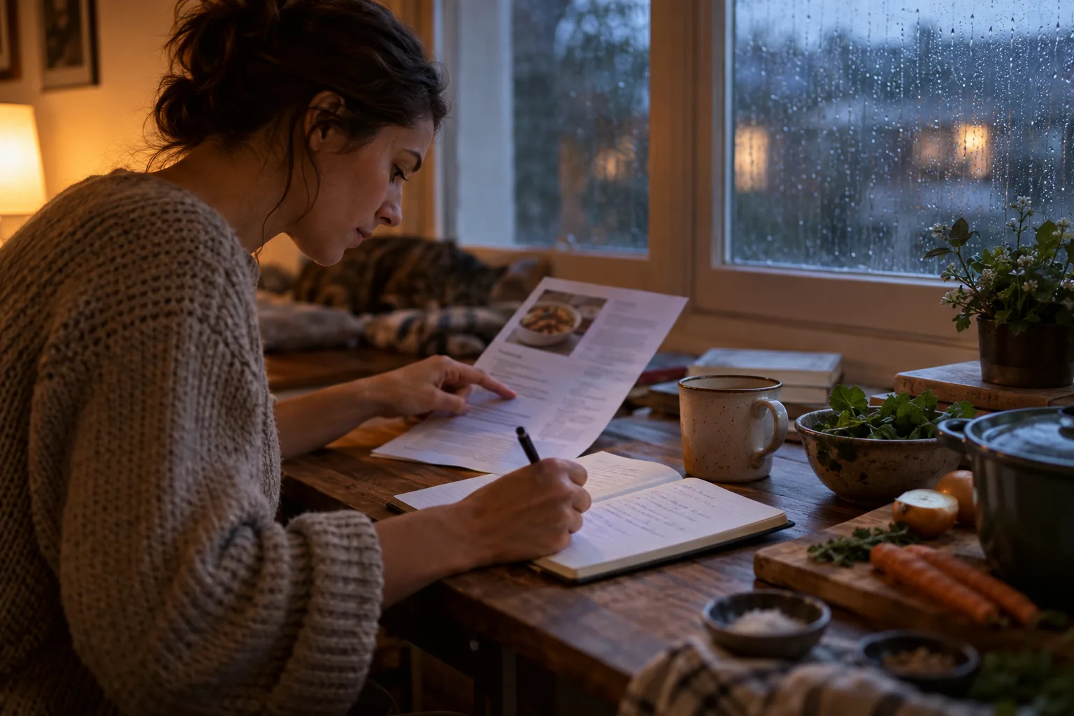 Adult learner at a rainy home window marks the boundary between a Japanese verb stem and ending on a practice sheet