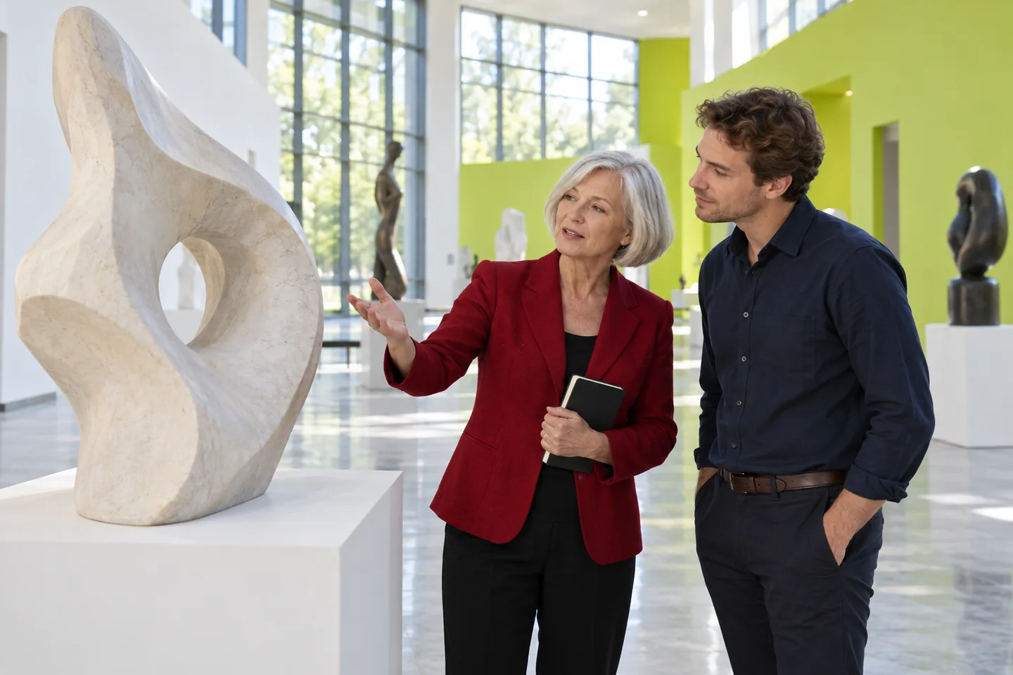 Older European woman and younger European man discussing a pale stone sculpture in a bright gallery