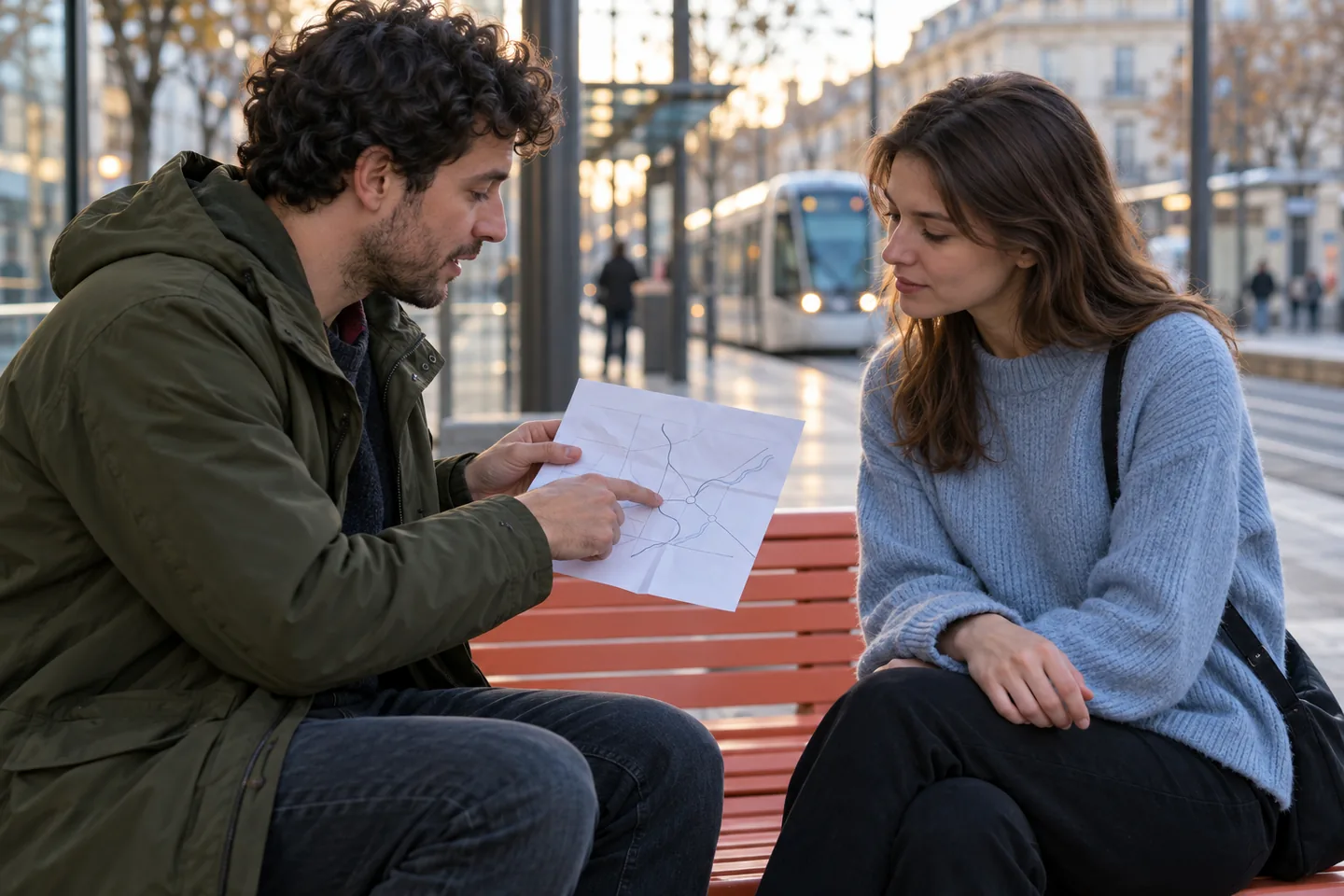 European man showing a simple paper route sketch to a listening woman at a tram stop
