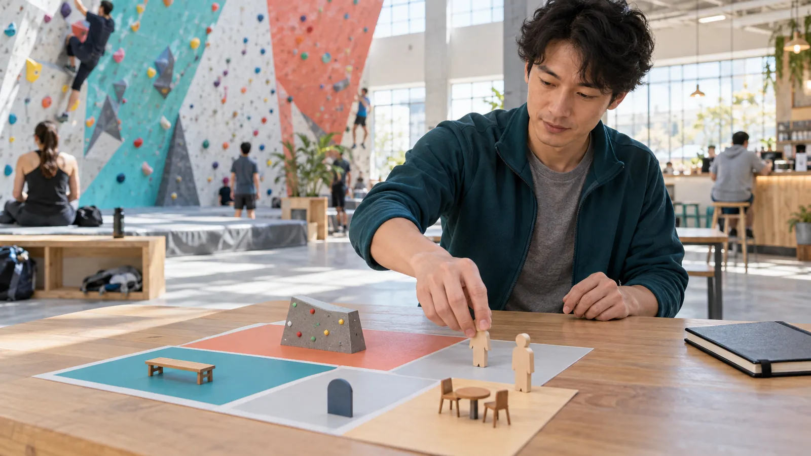 Erwachsener Lernender bewegt Holzfiguren zwischen Aktivitätsbereichen eines Bodenplans in einer hellen Kletterhalle