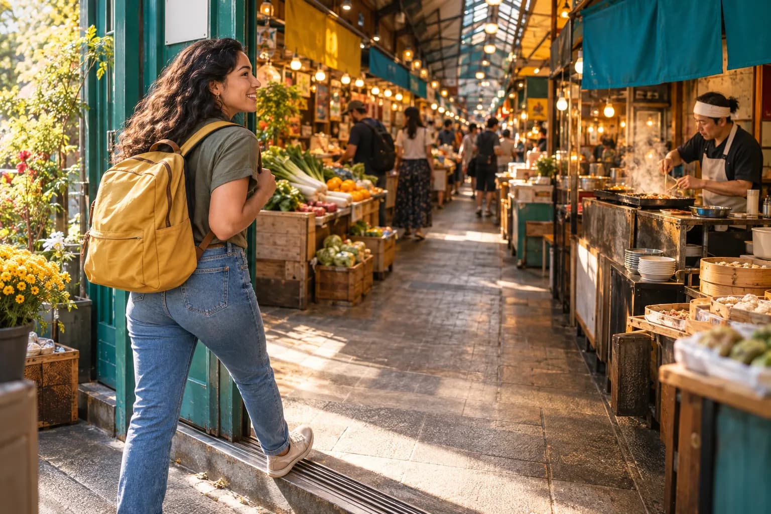 Erwachsene Lernende betritt einen überdachten Markt, während weiter innen ein Koch an einem Stand arbeitet