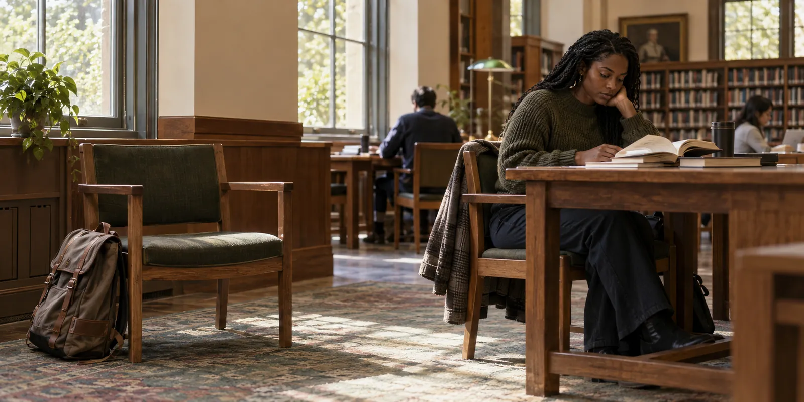 Ein leerer Bibliotheksstuhl mit Rucksack steht einer erwachsenen Frau gegenüber, die am Nachbartisch aktiv liest