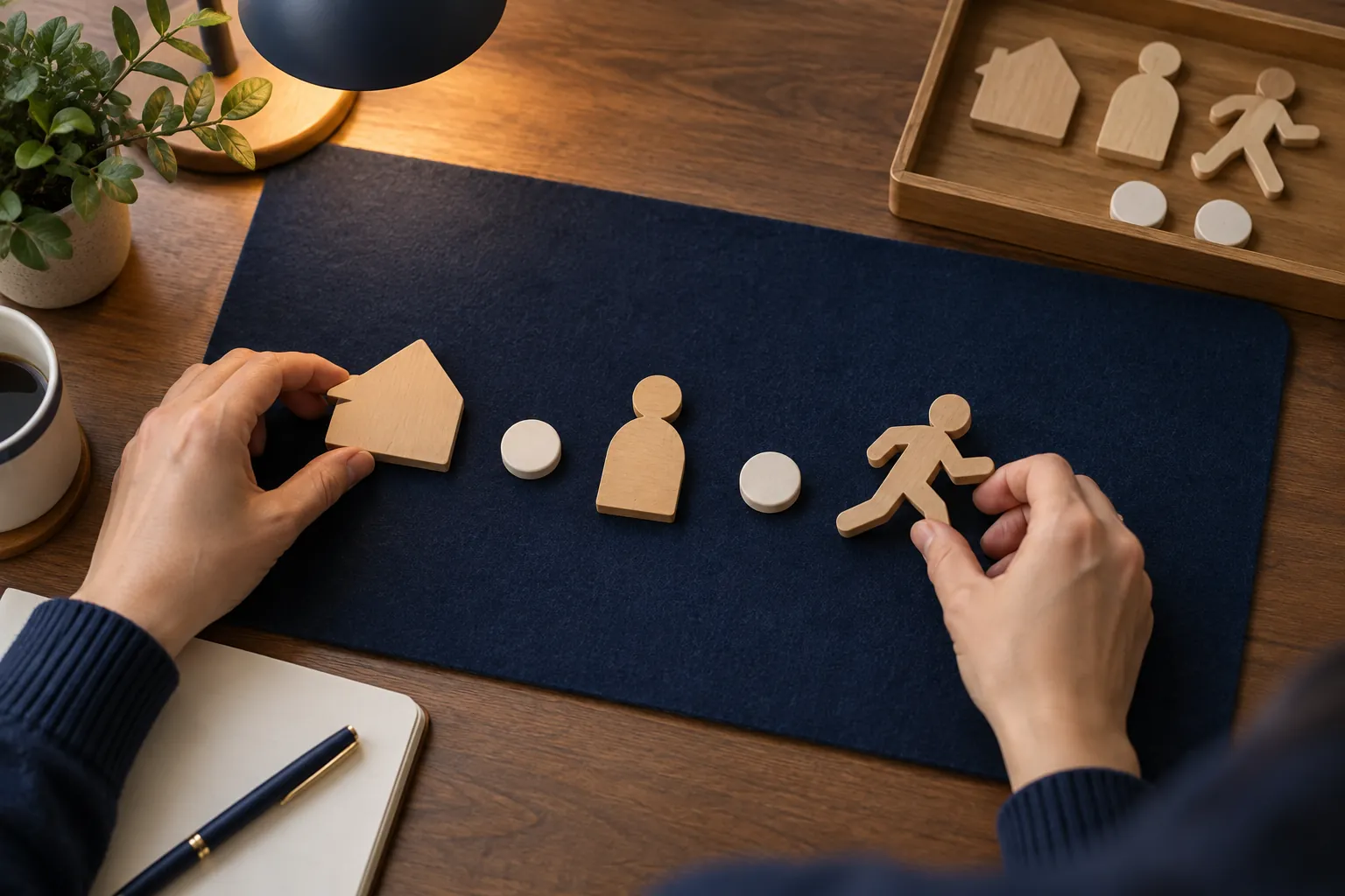 Hände ordnen Holzformen für Ort, Person und Handlung mit zwei neutralen Verbindungsteinen auf dunkelblauem Filz