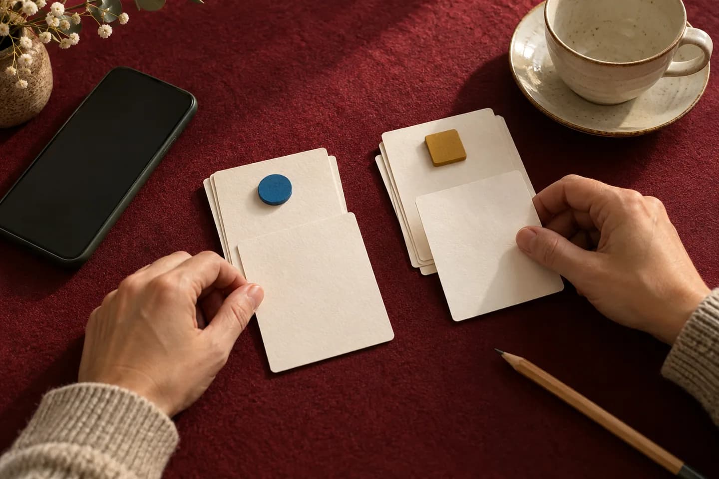 Hands sorting blank practice cards with blue and ochre tokens on a burgundy felt table