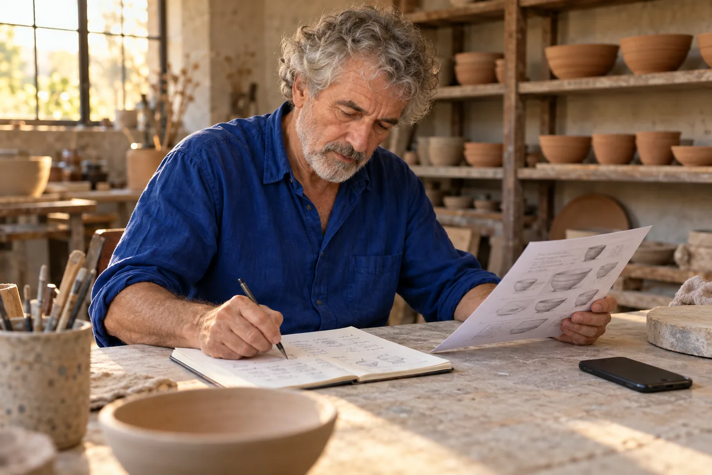 Older European man comparing a first attempt with a reference sheet in a ceramics workshop