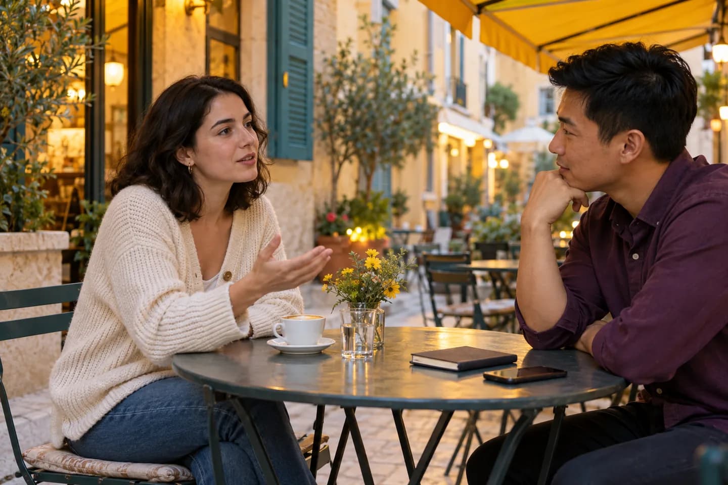 European woman and East Asian man practising a short exchange at an outdoor cafe