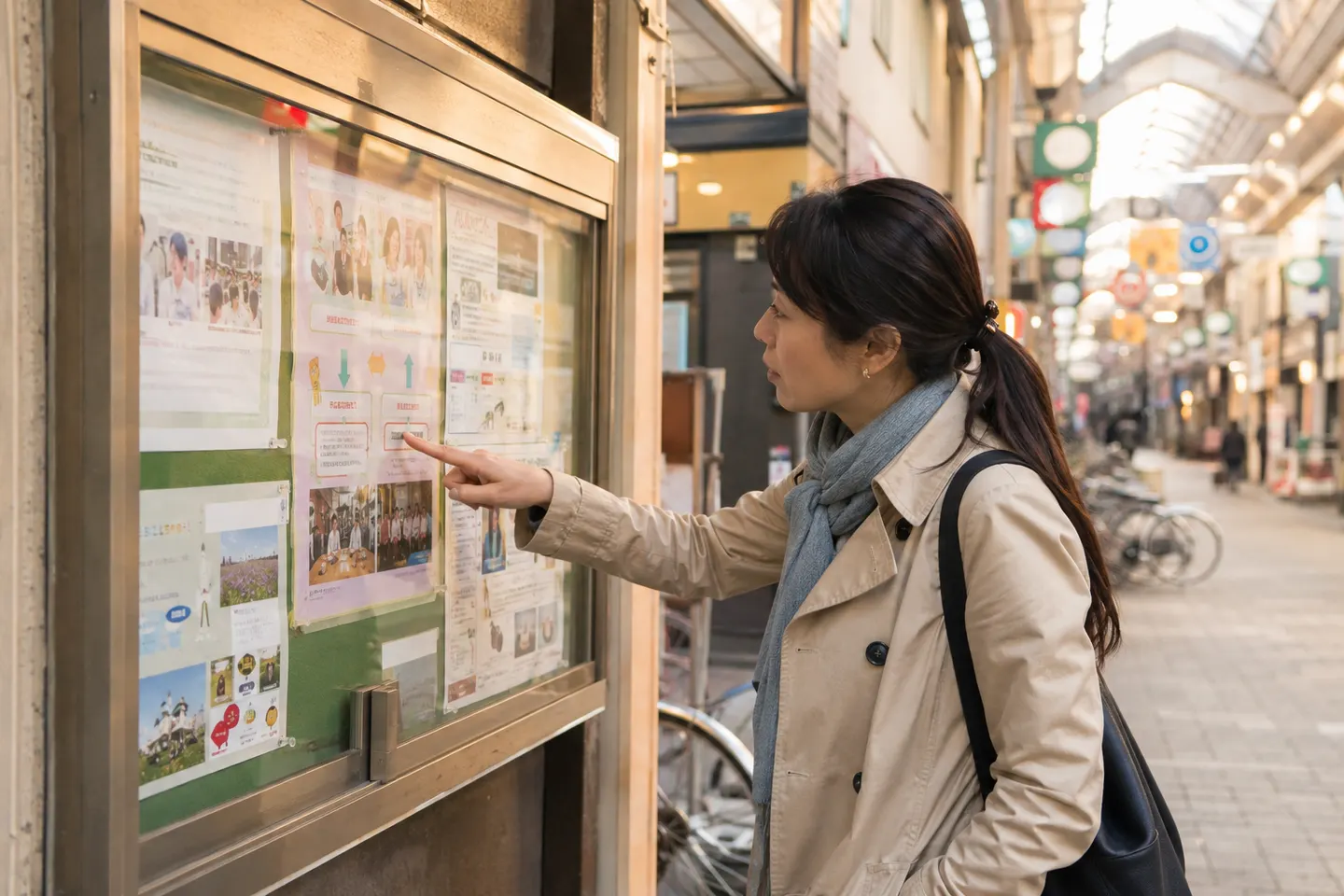 Adult learner using photographs, arrows and layout on a neighborhood noticeboard as context for a Japanese text