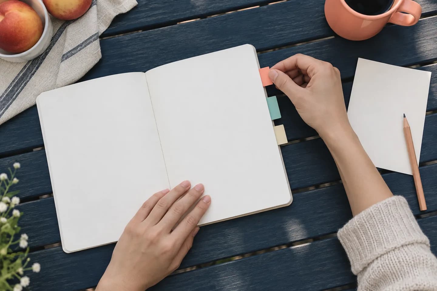 Mãos colocam pequenas abas coloridas em um livreto sobre uma mesa azul