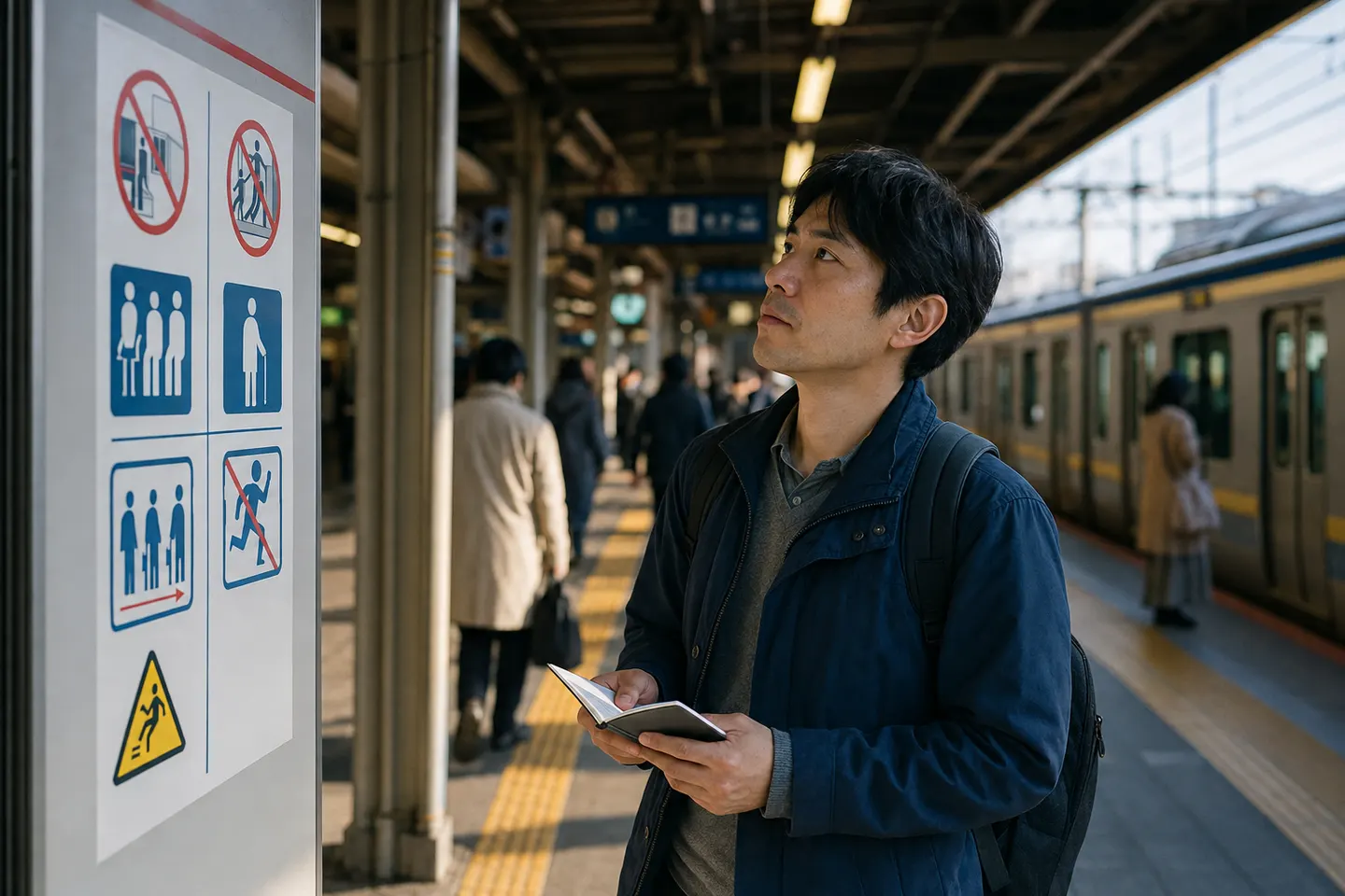 Adult learner using platform context and pictograms to understand a Japanese notice before looking up individual words
