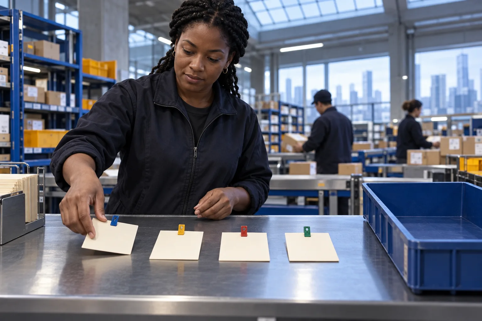 Trabajadora cambiando el orden de tarjetas de paquetería mientras sus pinzas permanecen unidas y la bandeja final queda a la derecha