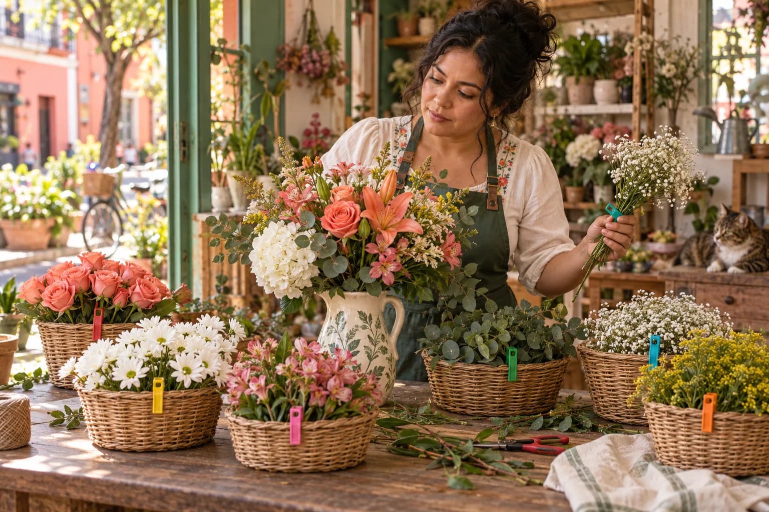 Florista organizando grupos de flores sujetos con pinzas de colores alrededor de un arreglo central