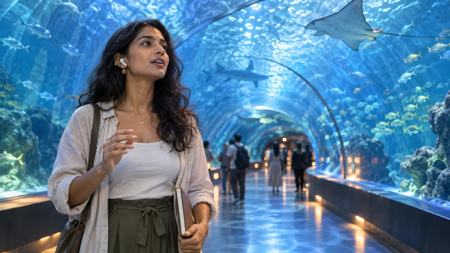 Adult learner in a blue aquarium tunnel quietly follows Japanese audio through one earbud