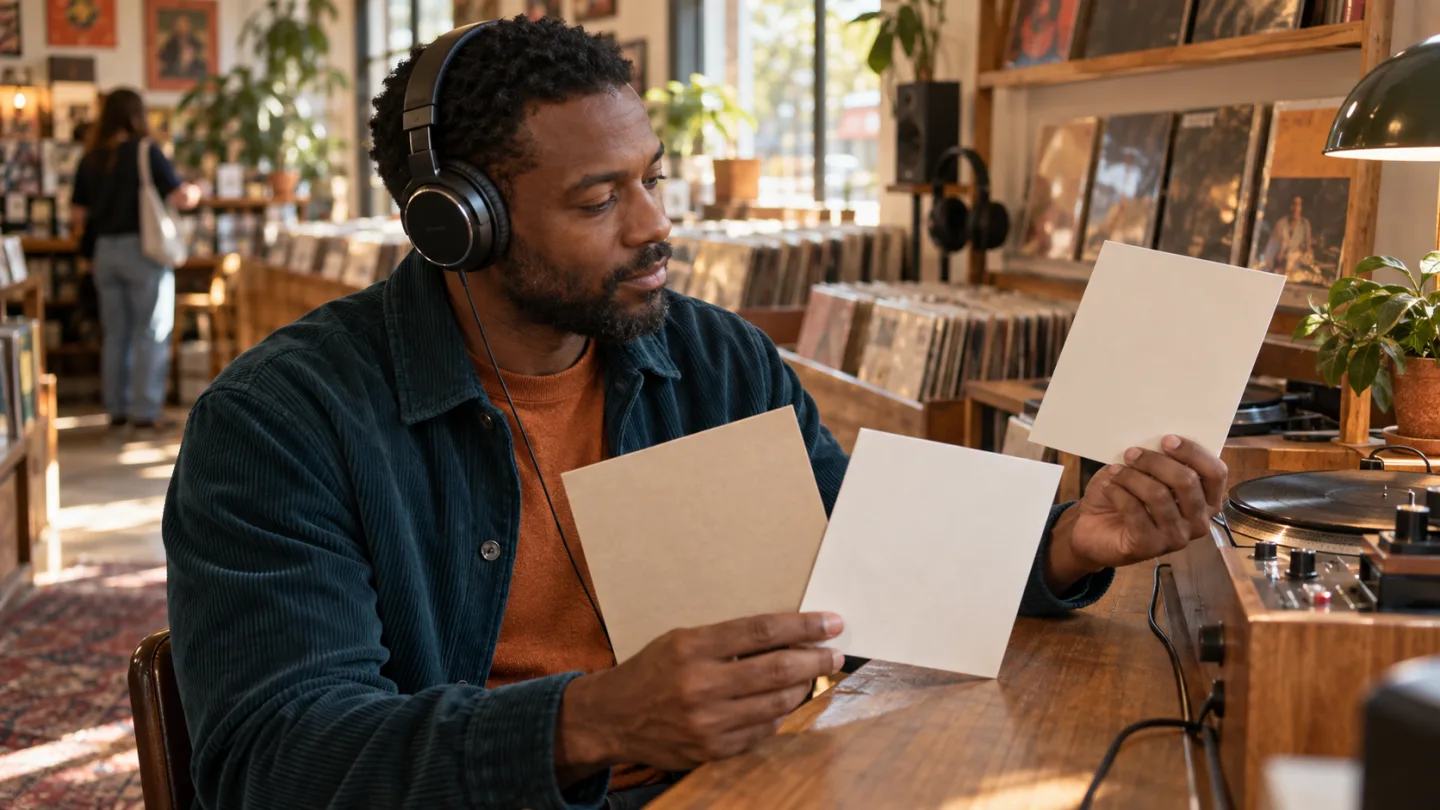 Adult learner at a record-shop listening station chooses among three blank cards while previewing audio