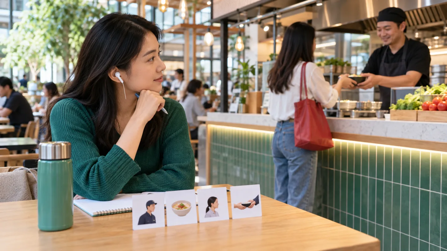 Estudante adulta em um mercado gastronômico mapeia uma cena de pedido com quatro cartões ilustrados