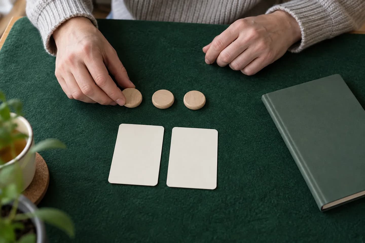 Hands arranging wooden counters beside two blank cards on green felt