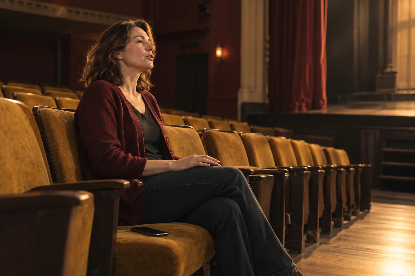 European woman quietly practising speech in an empty theatre with ochre seats