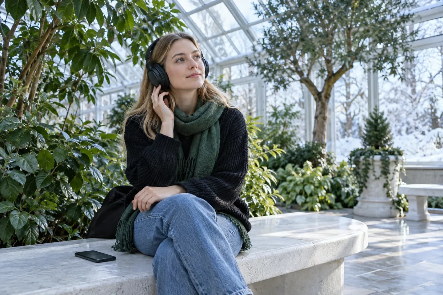 Young European woman listening with headphones in a bright winter garden