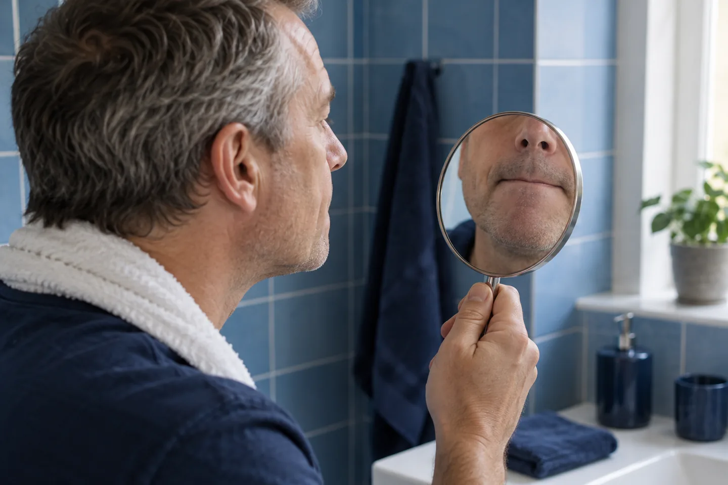 European man checking his closed lips in a handheld mirror