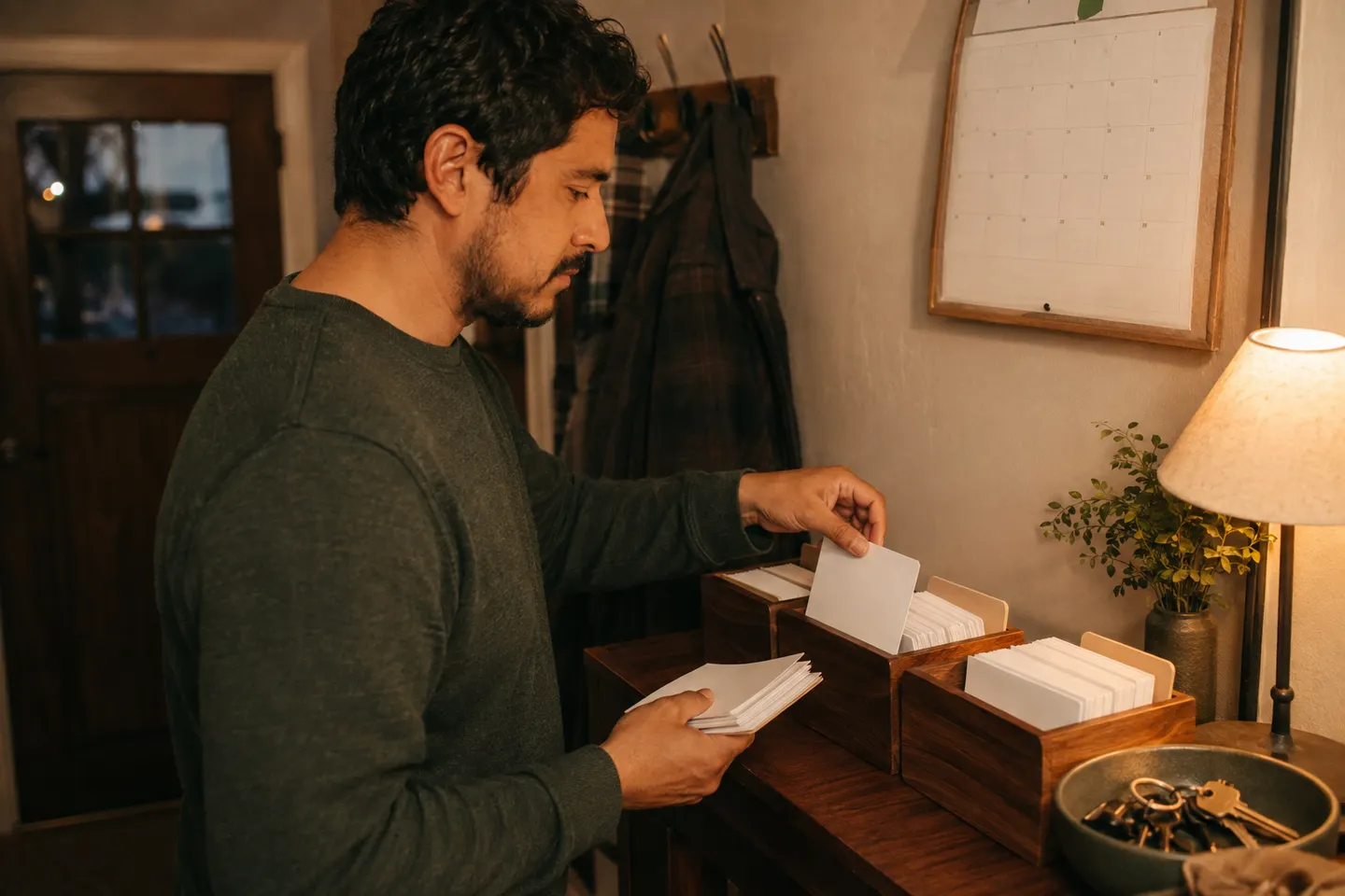 Adult learner moving missed paper cards into the nearest review compartment beside a wall calendar