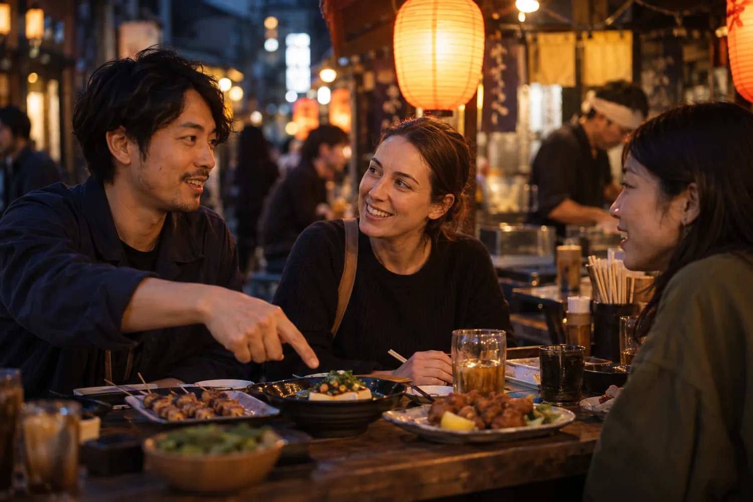 Drei Erwachsene führen an einem warm beleuchteten Abendstand ein entspanntes japanisches Gespräch
