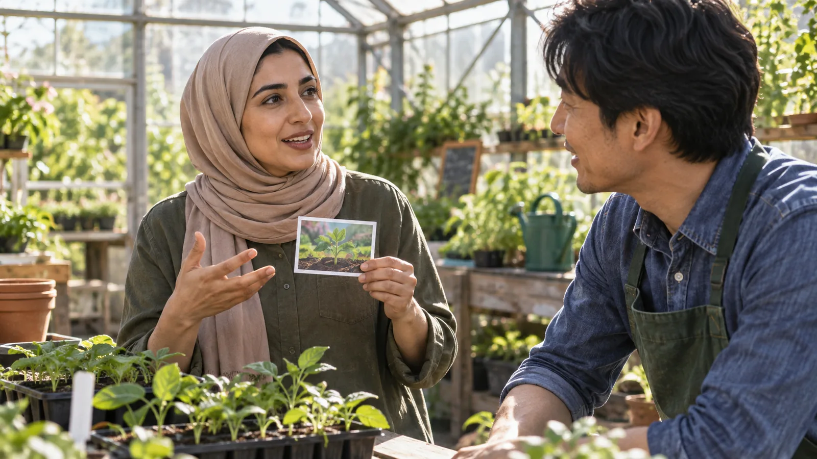 Erwachsene Lernende nutzt in einem hellen Gewächshaus eine Bildkarte beim japanischen Gespräch mit einem Partner