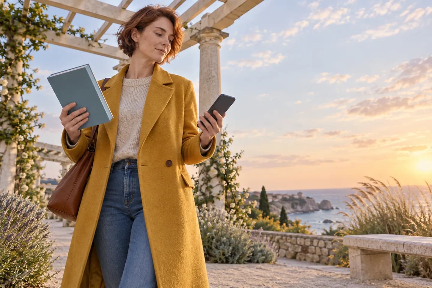 Europäische Frau vergleicht ein blaues Buch und ein Handy unter einer steinernen Pergola am Meer