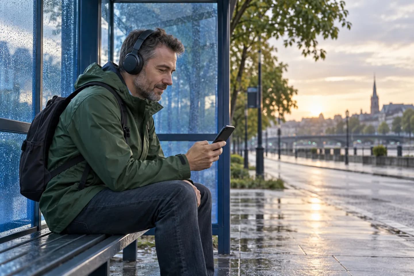 Europäischer Mann lernt mit Handy und Kopfhörern in einem blauen Bushäuschen im Morgenlicht