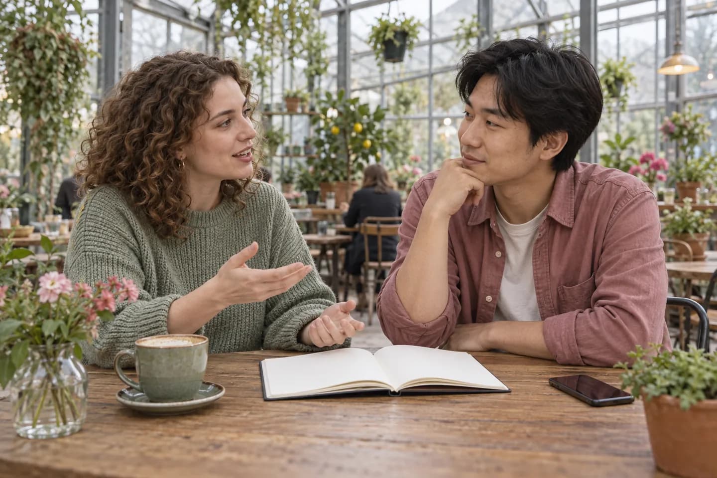 Europäische Frau und ostasiatischer Mann besprechen ein Arbeitsheft in einem Gewächshauscafé