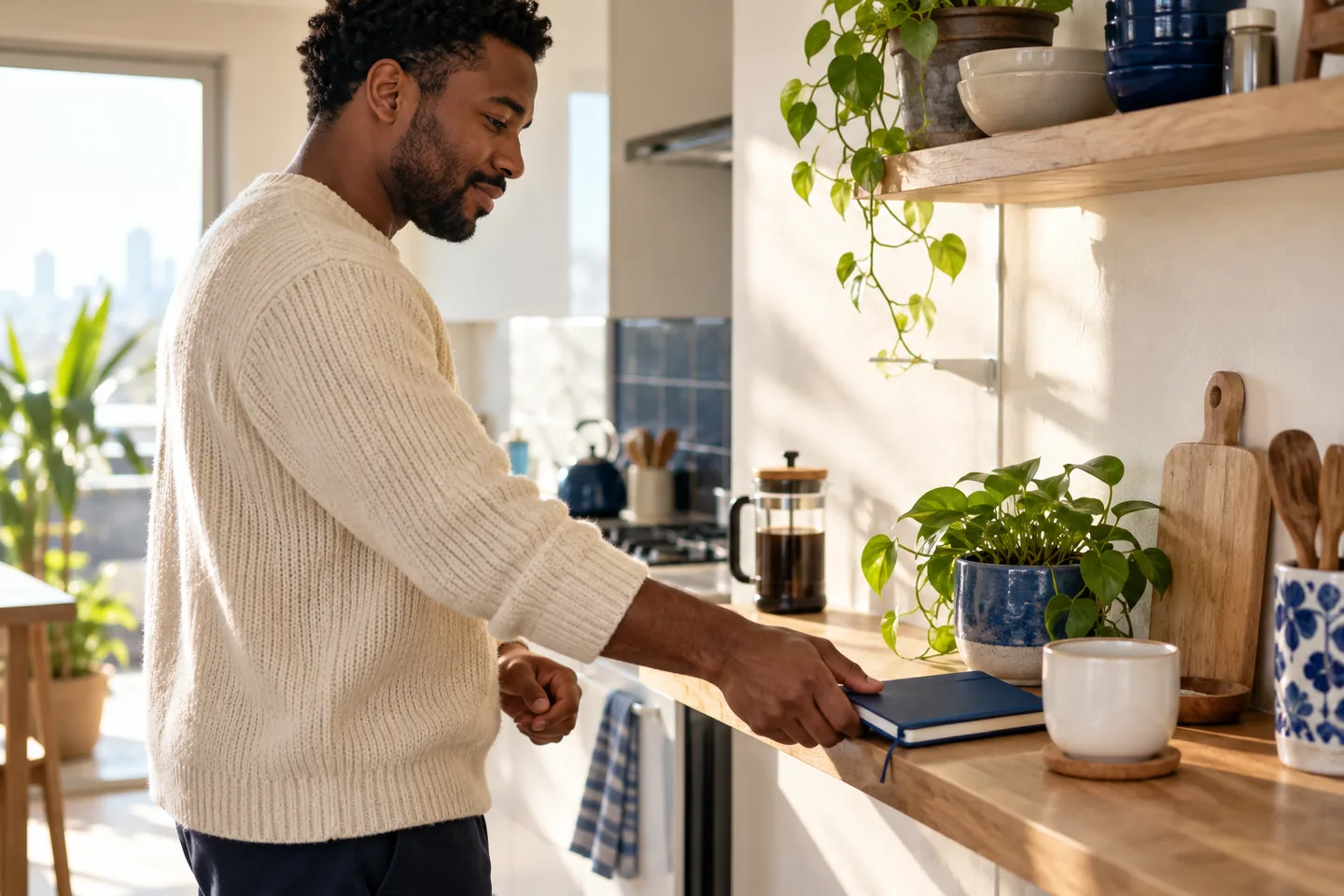 Learner placing a compact notebook beside a breakfast cup on a kitchen shelf