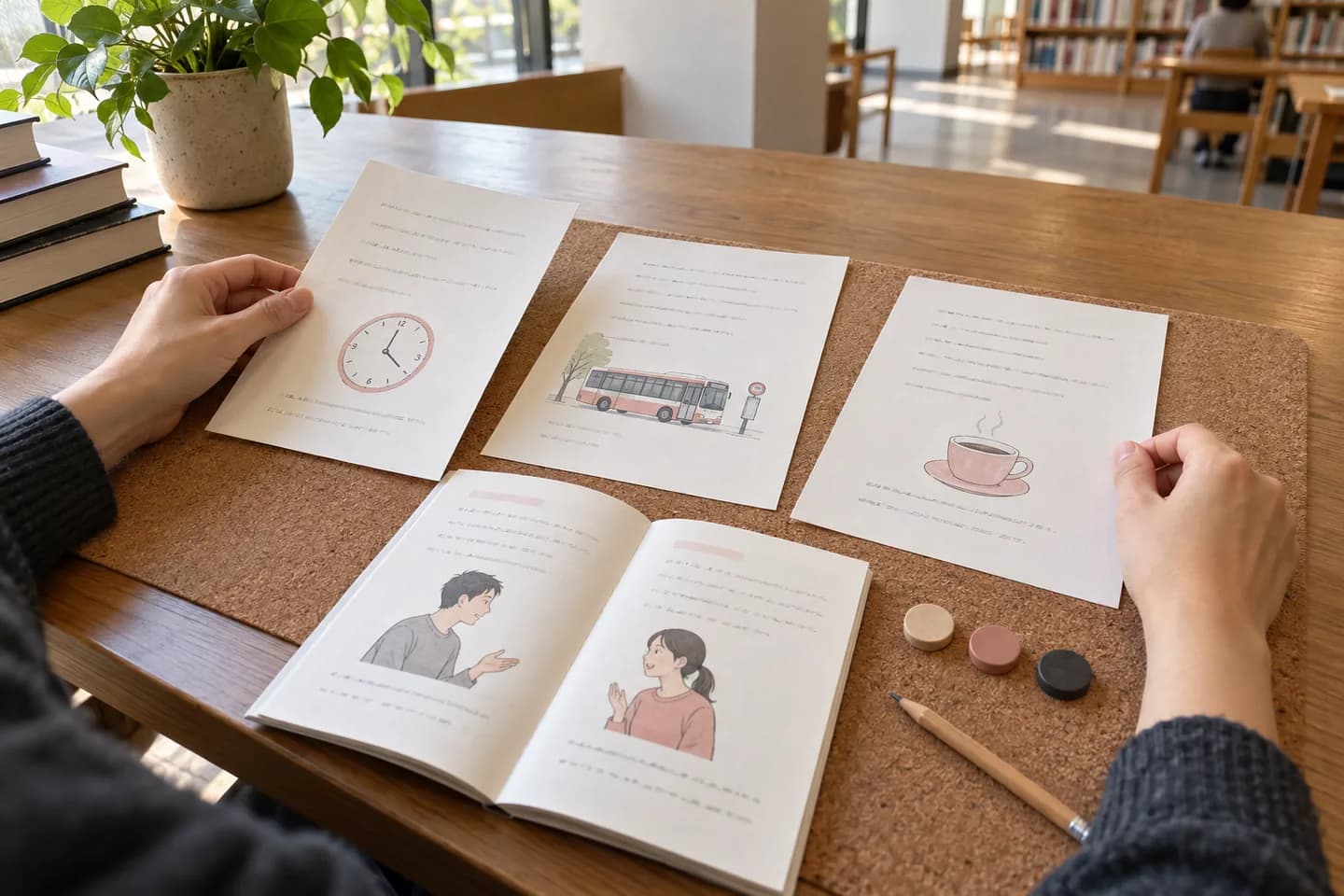 Hands comparing a few study sheets and an illustrated booklet on a cork mat