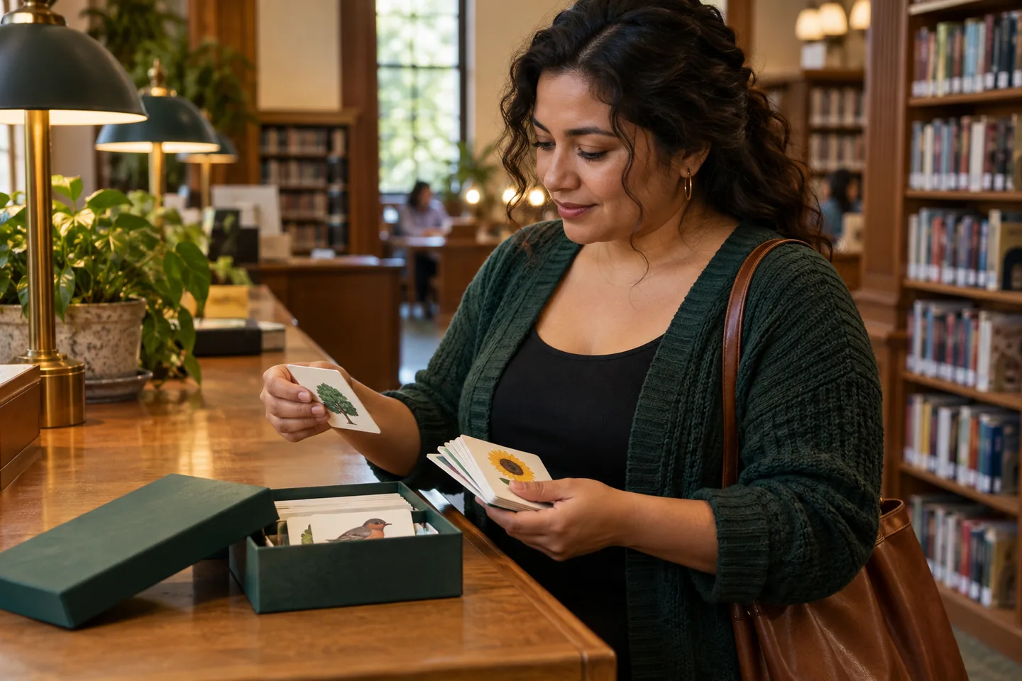 Learner selecting a small group of illustrated word cards from a larger box at a library counter