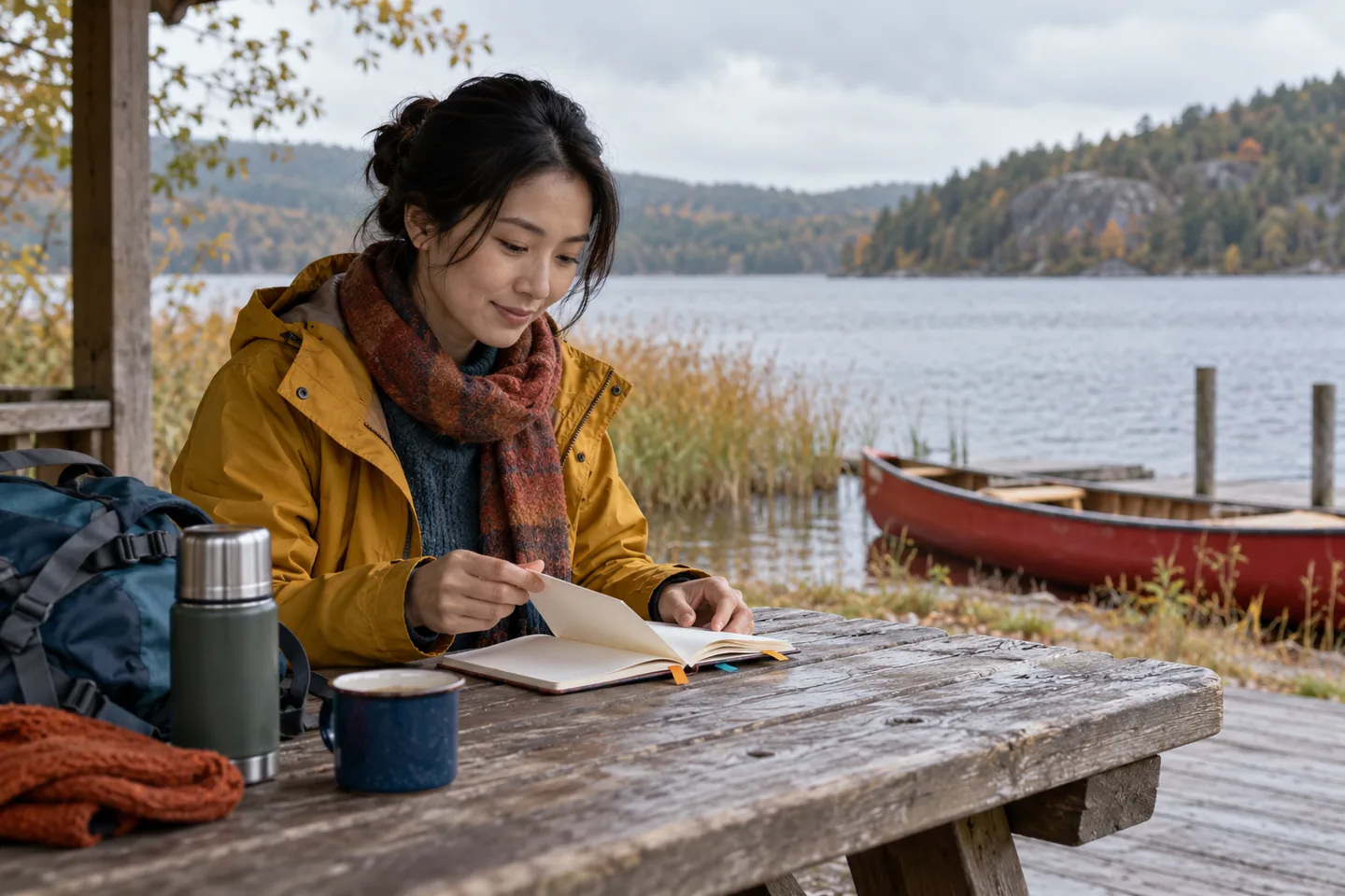 Adult learner reopening a bookmarked study notebook at a sheltered waterfront bench beside a red canoe