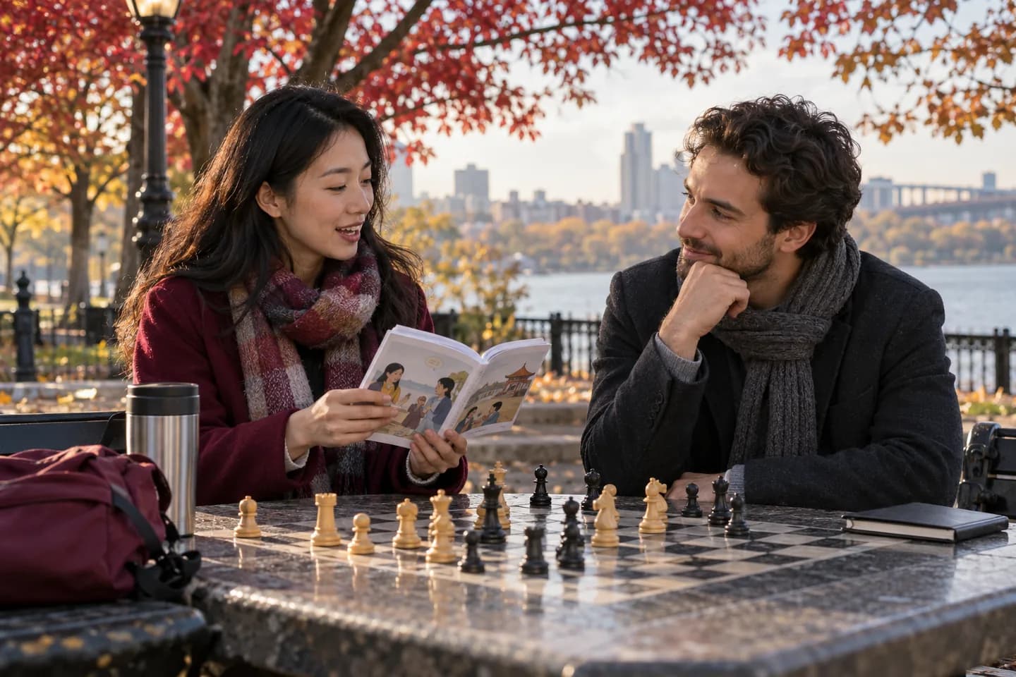 Two adult learners using a short dialogue booklet at an outdoor table under autumn trees