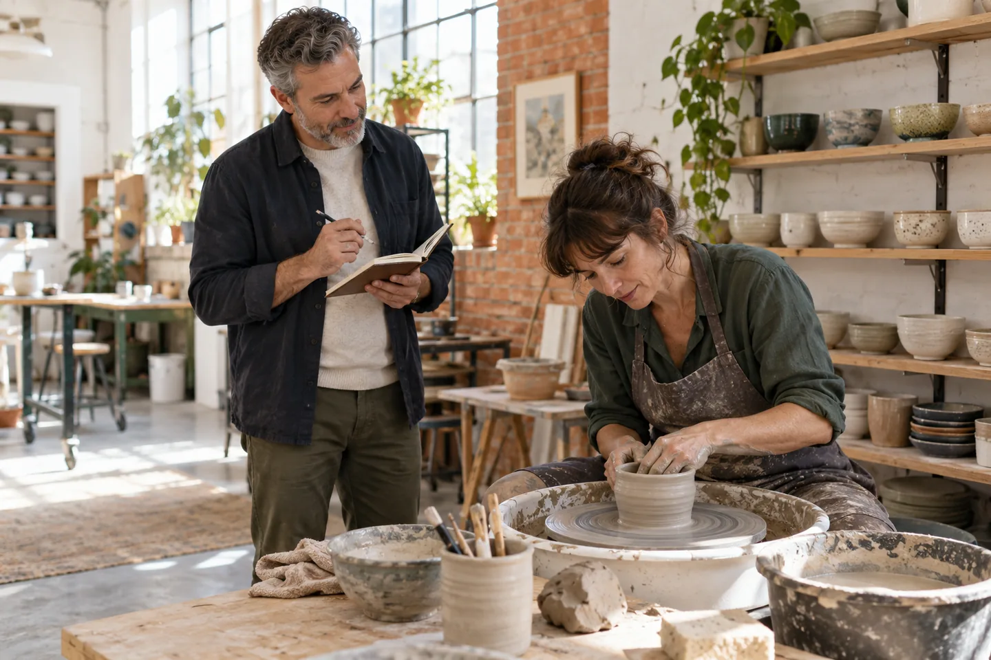 European adult learner observing a potter shaping clay beside finished bowls in a bright studio