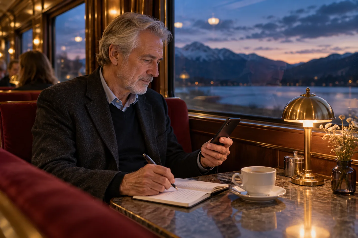 Un europeo de pelo gris repasa un cuaderno pequeño mientras sostiene un teléfono en un café de estación al anochecer