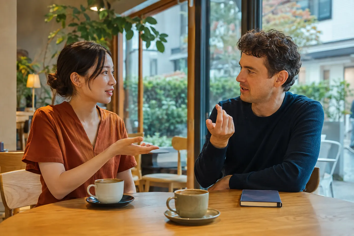 Deux adultes pratiquant de courtes demandes et réponses japonaises dans un café calme