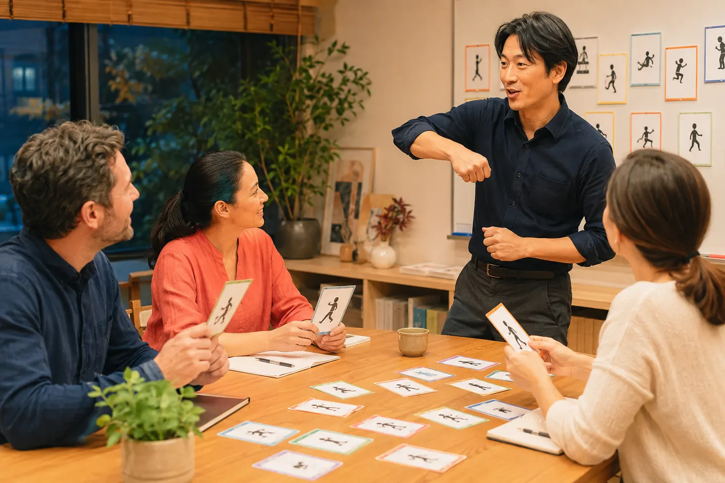 Enseignant japonais et adultes pratiquant des verbes d'action avec des cartes illustrées dans un atelier du soir