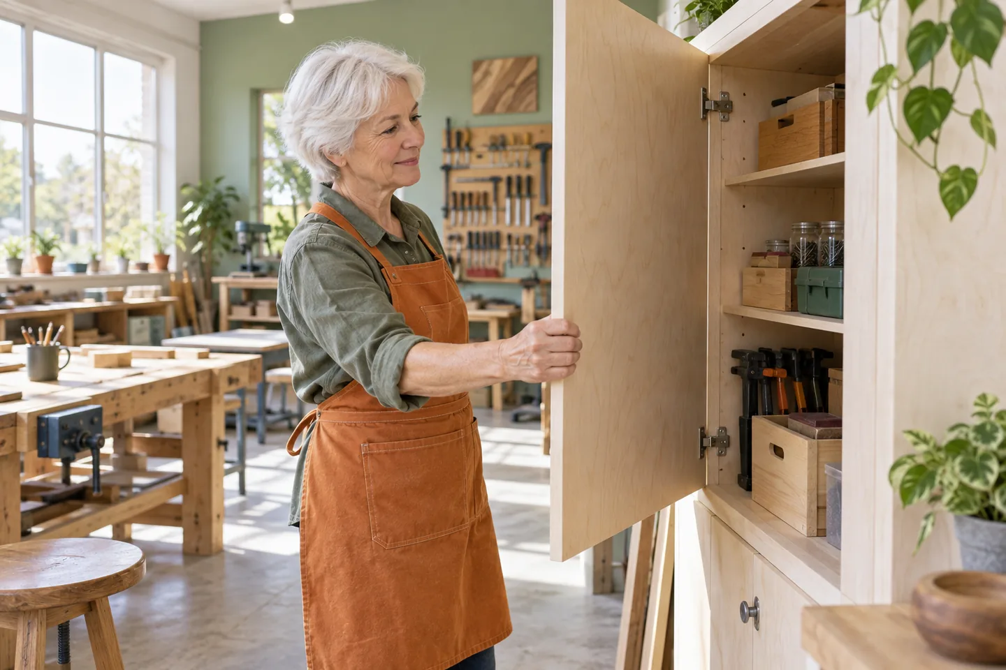 Older European woman opening a wooden storage cabinet in a bright workshop
