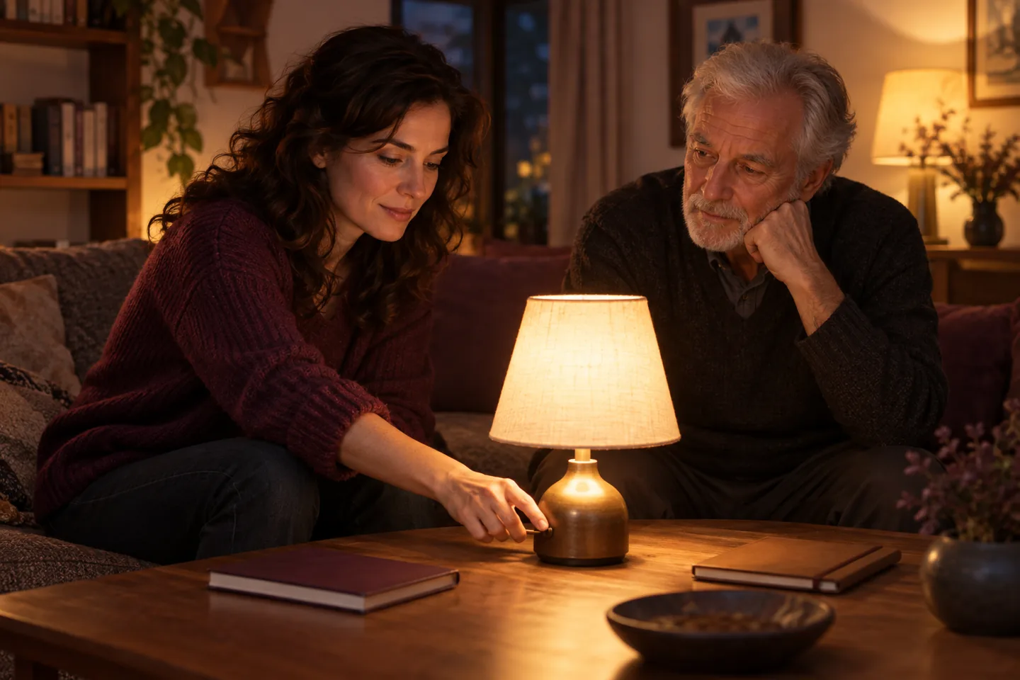 European woman operating a lamp switch while an older man observes