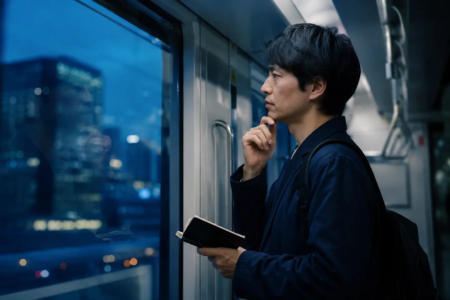 Adulte retrouvant une forme verbale japonaise avant de vérifier son carnet dans un train calme le soir
