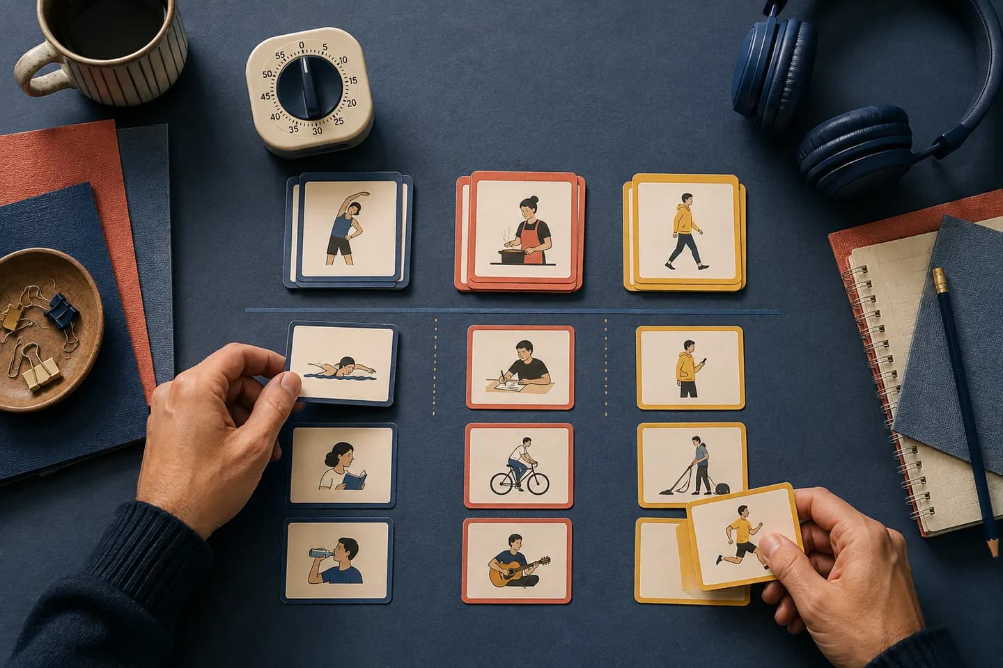 Mains adultes classant des cartes d'actions illustrées dans trois groupes verbaux japonais colorés