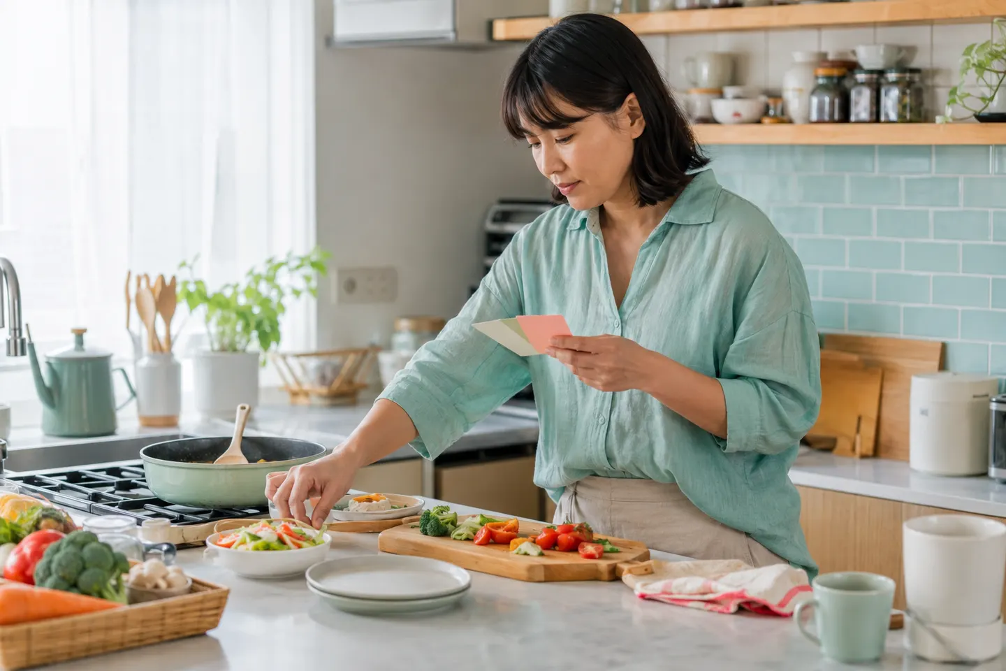 Adulte répétant une suite d'actions de cuisine, service et rangement dans une cuisine lumineuse
