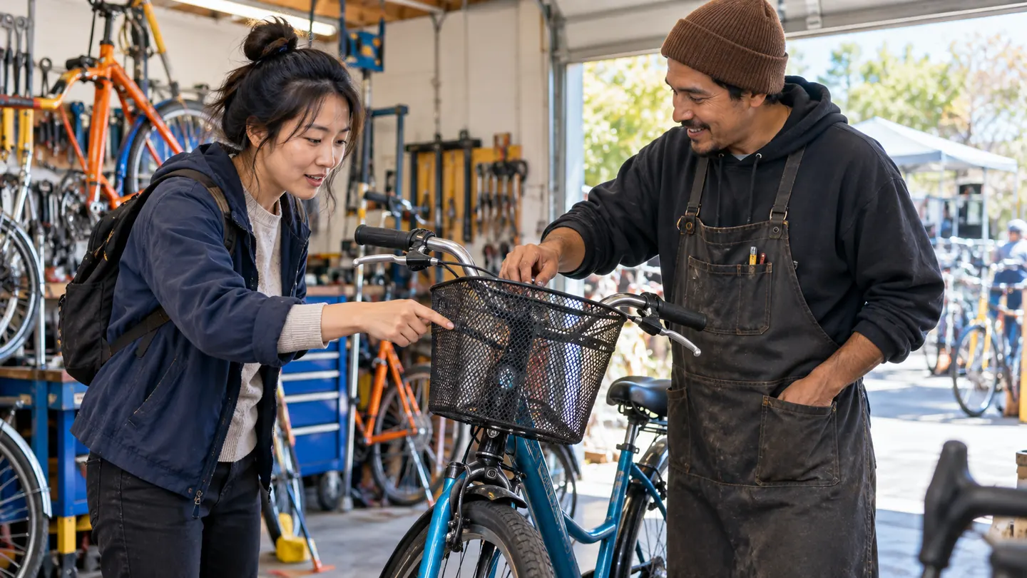 Två vuxna i en gemensam cykelverkstad som använder ett ihågkommet japanskt ord i ett nytt praktiskt samtal